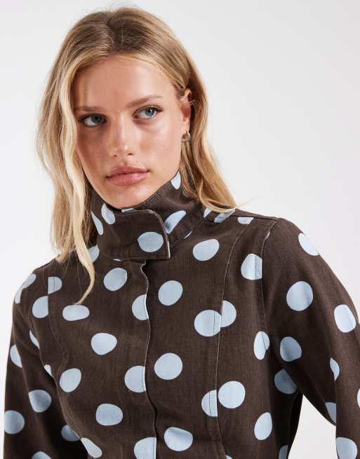 ASOS DESIGN – Brun och blå, prickig, figurnära jeansjacka med ståkrage, 3 av 4