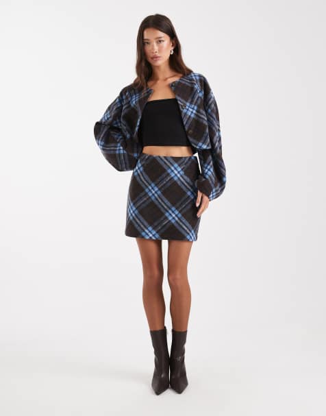 ASOS DESIGN – Brun och blå, rutig, borstad, kort kavaj med cocoon-ärmar, del av set - view 1