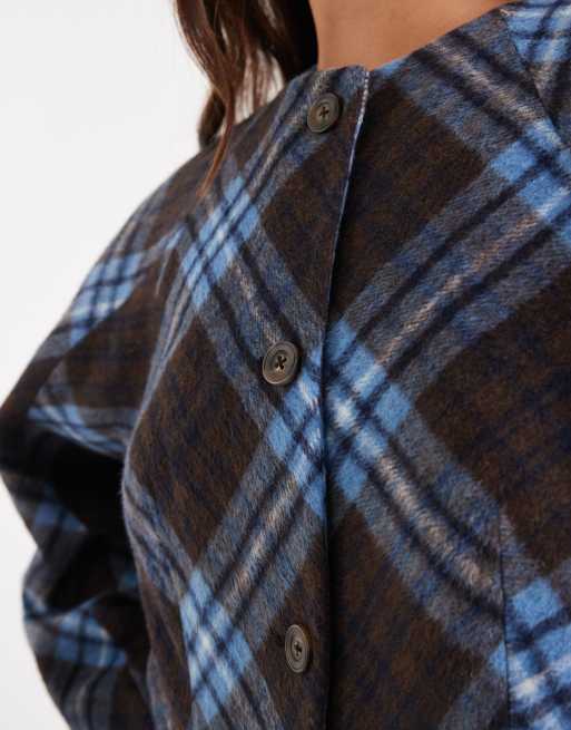 ASOS DESIGN – Brun och blå, rutig, borstad, kort kavaj med cocoon-ärmar, del av set, 2 av 4