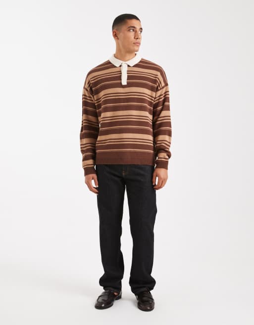 ASOS DESIGN – Brun och brungrå, stickad rugbytröja med pikékrage och randig design, 2 av 5