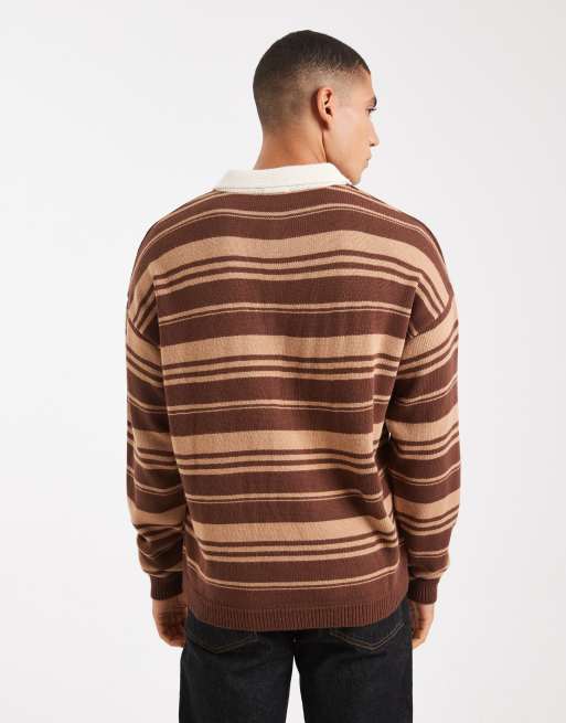ASOS DESIGN – Brun och brungrå, stickad rugbytröja med pikékrage och randig design, 3 av 5