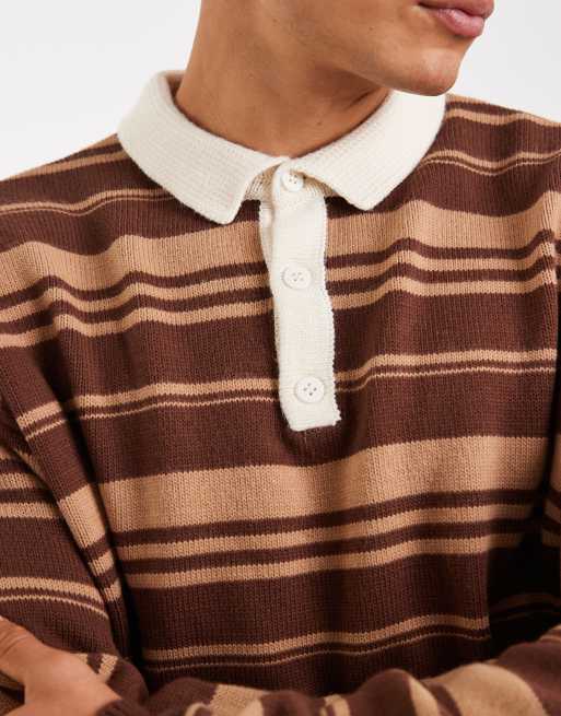 ASOS DESIGN – Brun och brungrå, stickad rugbytröja med pikékrage och randig design, 5 av 5