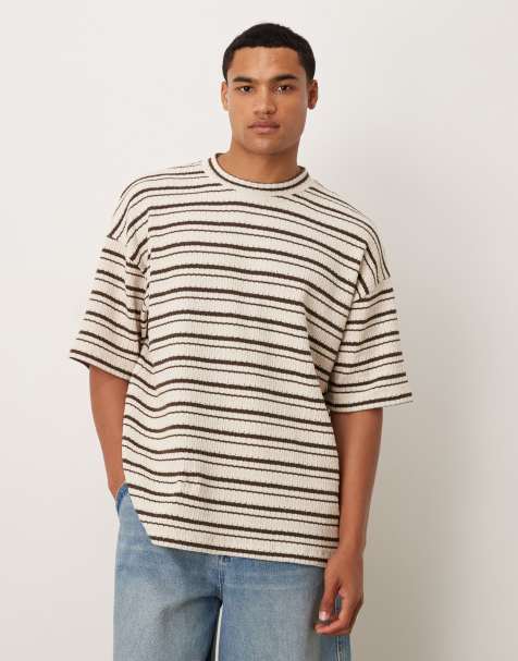 ASOS DESIGN – Brun och gräddvit, randig, kraftig t-shirt i oversize med textur - view 1