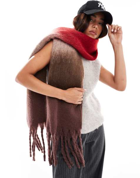 ASOS DESIGN – Brun- och rödrandig, ombrémönstrad, stickad halsduk med borstad finish - view 1