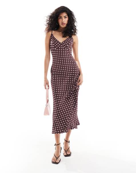 ASOS DESIGN – Brun och rosaprickig midiklänning med hög övre kupkant - view 1
