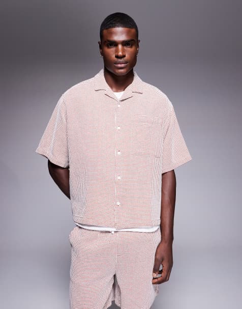 ASOS DESIGN – Brun och vit skjorta i oversize med boxig passform, våfflad struktur och platt krage, del av set - view 1