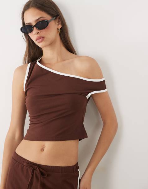 ASOS DESIGN – Brun off shoulder-topp med kantrand - view 1