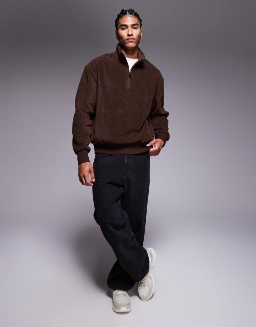 ASOS DESIGN - Brun og afslappet sweatshirt i fleece med ståkrave og kort lynlås , 2 af 5