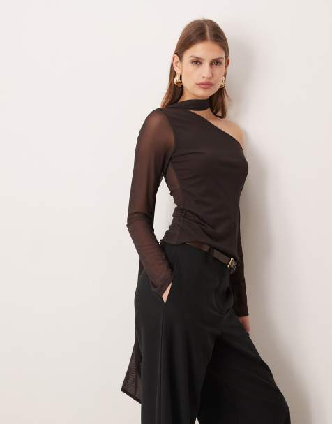 ASOS DESIGN - Brun og asymmetrisk top med tørklædedetalje i mesh - view 1
