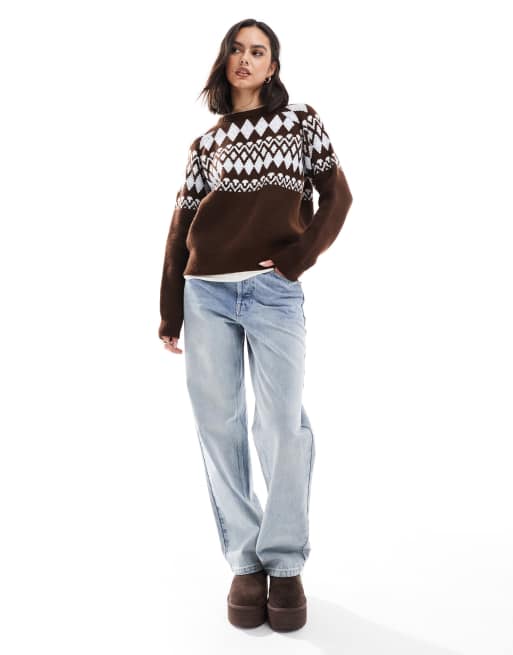 ASOS DESIGN - Brun og blå og oversized trøje i vamset materiale med islandsk mønster og rund hals, 2 af 4