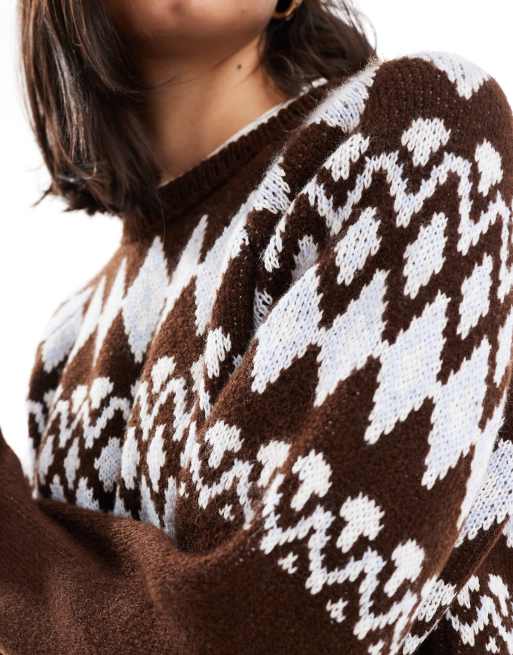 ASOS DESIGN - Brun og blå og oversized trøje i vamset materiale med islandsk mønster og rund hals, 3 af 4