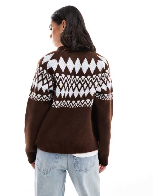 ASOS DESIGN - Brun og blå og oversized trøje i vamset materiale med islandsk mønster og rund hals, 4 af 4