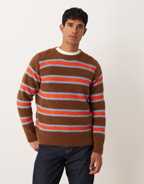 ASOS DESIGN - Brun og orange strikket afslappet trøje med rund hals og striber - view 1