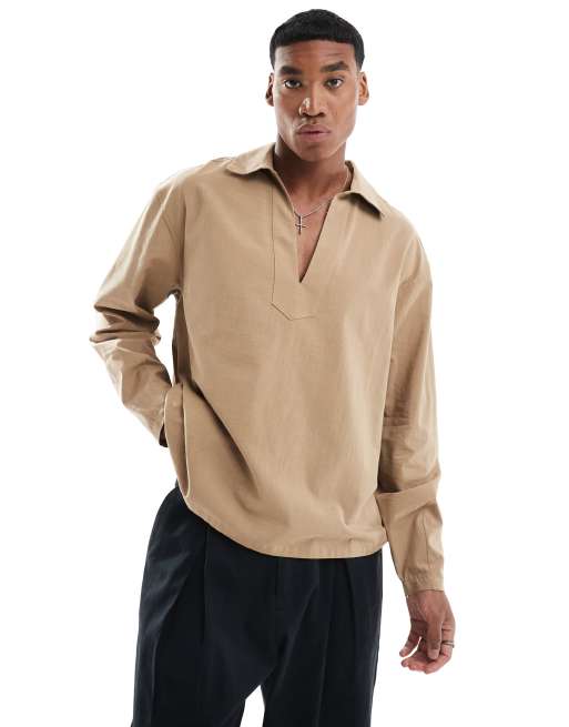 ASOS DESIGN - Brun og oversized overhead-skjorte i firkantet pasform i bomuldsslub