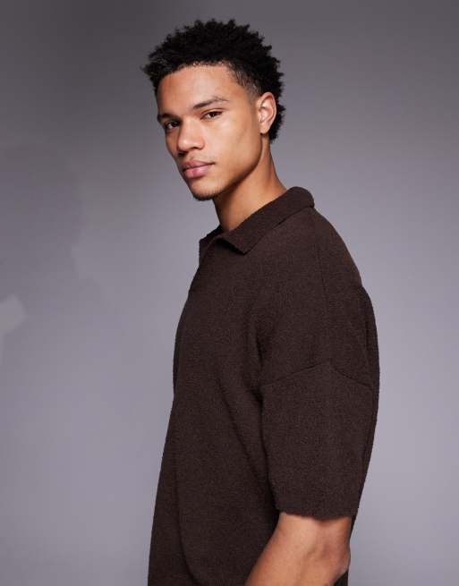 ASOS DESIGN - Brun og oversized poloskjorte i strik med tekstur og hak i kraven, 4 af 5