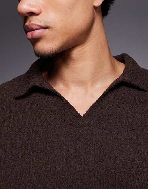 ASOS DESIGN - Brun og oversized poloskjorte i strik med tekstur og hak i kraven, 5 af 5