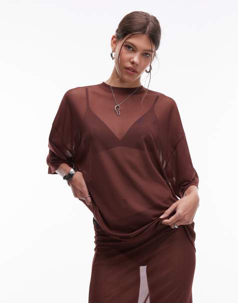 ASOS DESIGN - Brun og oversized T-shirt med gennemsigtig mesh-effekt- Del af sæt - view 1