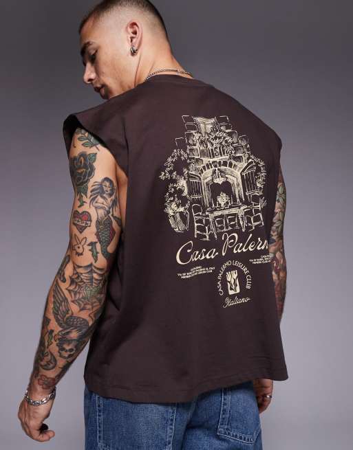 ASOS DESIGN - Brun og oversized tanktop med print foran og bagpå
