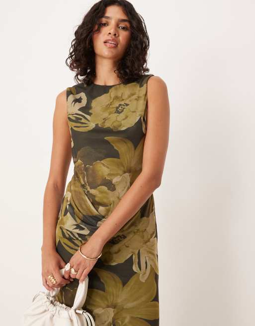 ASOS DESIGN - Brun og ærmeløs midikjole med stort blomsterprint og rynker i taljen, 4 af 4