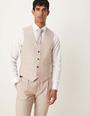 ASOS DESIGN - Brun og smal habitvest i hør- og bomuldsblanding med sildebensmønster - view 1