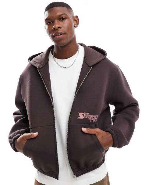 ASOS DESIGN - Brun oversized firkantet hættetrøje i scuba-stof med lynlås og print - view 1
