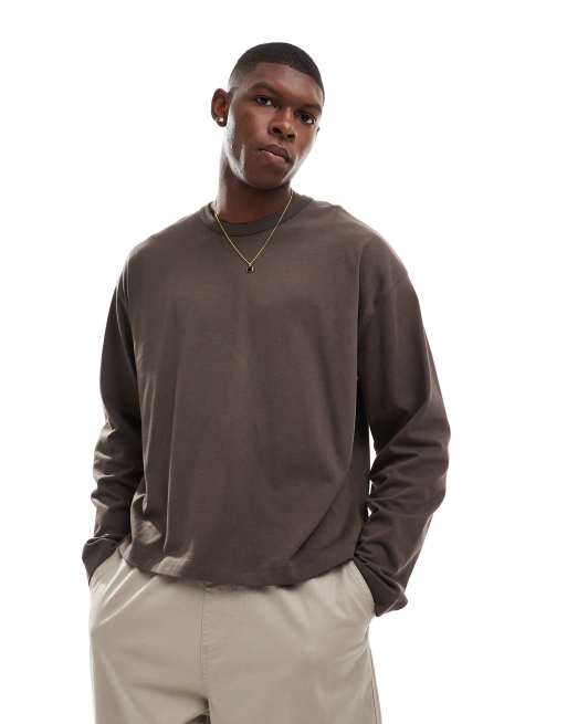 ASOS DESIGN - Brun oversized firkantet langærmet T-shirt i kraftigt stof på 240 gsm