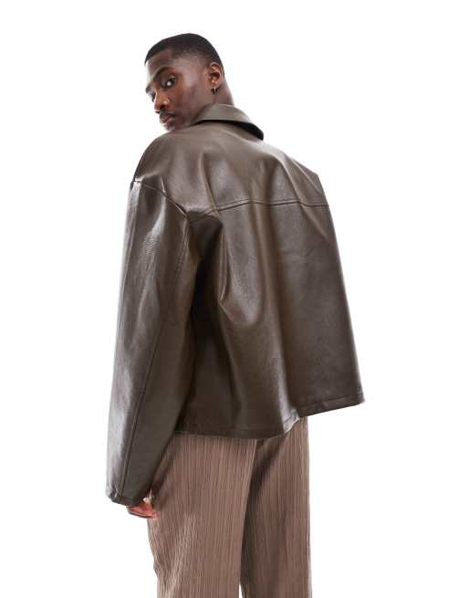 ASOS DESIGN - Brun oversized Harrington-jakke med firkantet pasform i imiteret læder, 4 af 4