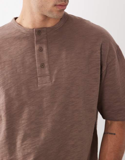 ASOS DESIGN - Brun oversized henley-T-shirt med nistret tekstur og firkantet pasform, 5 af 5