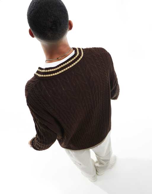 ASOS DESIGN - Brun oversized kabelstrikket cricket-trøje med ecru kanter, 2 af 4