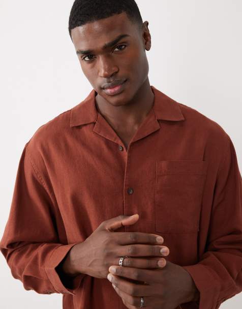 ASOS DESIGN - Brun oversized skjorte med reverskrave og firkantet pasform i hørblanding - Del af sæt - view 1
