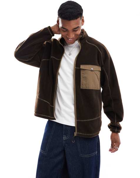ASOS DESIGN - Brun oversized skjortejakke med kontrasterende sømme og brystlomme i polar-fleece - view 1