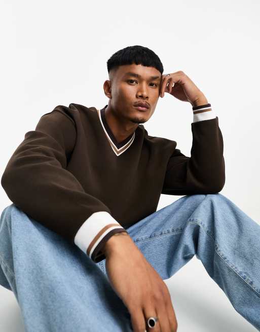 ASOS DESIGN - Brun oversized sweatshirt med V-hals og pyntekant