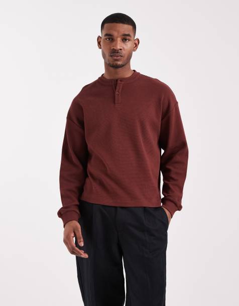 ASOS DESIGN - Brun oversized T-shirt med henley-hals, lange ærmer og vaffeltekstur i firkantet pasform - view 1