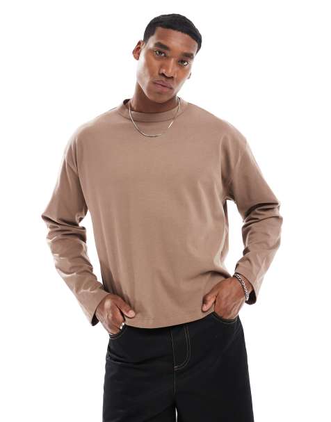ASOS DESIGN - Brun oversized T-shirt med lange ærmer i kraftigt stof i firkantet pasform - view 1