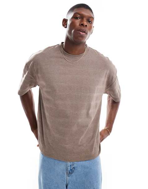 ASOS DESIGN - Brun oversized T-shirt med striber i piqué i firkantet pasform - view 1