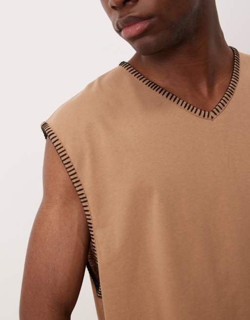 ASOS DESIGN - Brun oversized tanktop med V-hals og sømdetaljer i firkantet pasform, 4 af 4