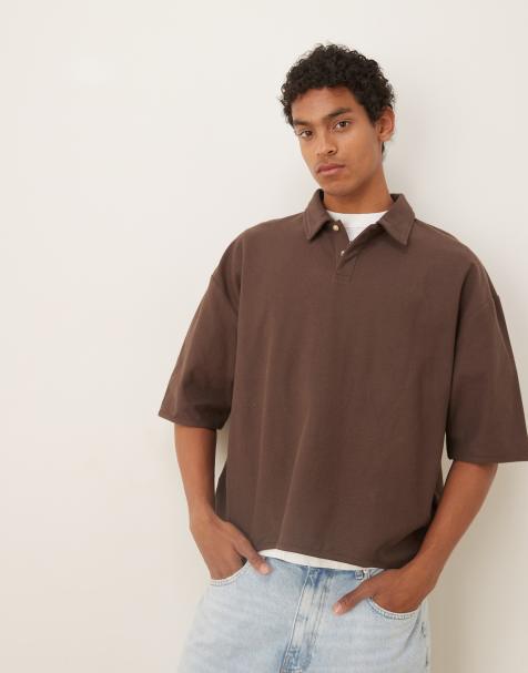 ASOS DESIGN – Brun pikétröja i oversize med boxig passform och elastisk kant - view 1
