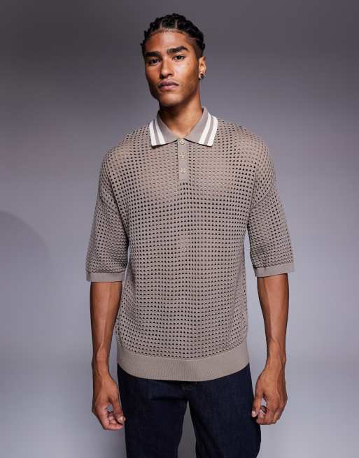 ASOS DESIGN – Brun, pointellestickad pikétröja med avslappnad, boxig passform och kantrandad krage, 2 av 5