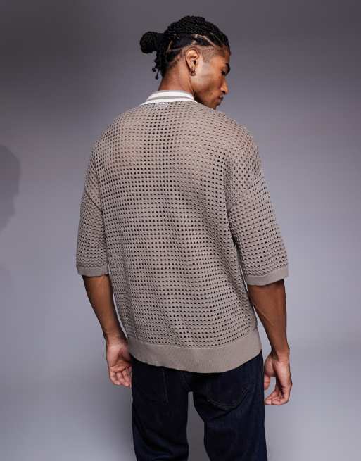 ASOS DESIGN – Brun, pointellestickad pikétröja med avslappnad, boxig passform och kantrandad krage, 3 av 5
