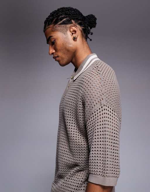 ASOS DESIGN – Brun, pointellestickad pikétröja med avslappnad, boxig passform och kantrandad krage, 4 av 5