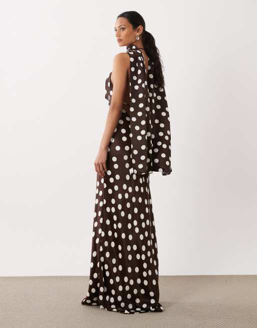 ASOS DESIGN – Brun, prickig maxiklänning i satin med draperad ringning och scarfdetalj, 4 av 4