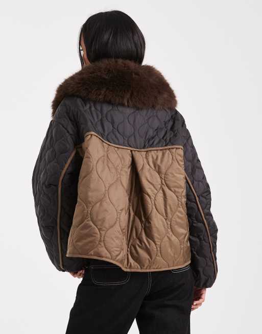 ASOS DESIGN – Brun, quiltad jacka i hybridstil med teddy och rosa foder , 4 av 4