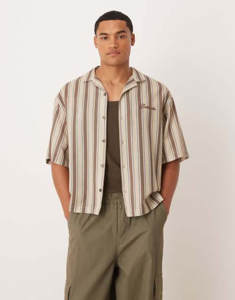 ASOS DESIGN – Brun, randig skjorta i oversize med boxig passform, broderi framtill och bowlingkrage - view 1