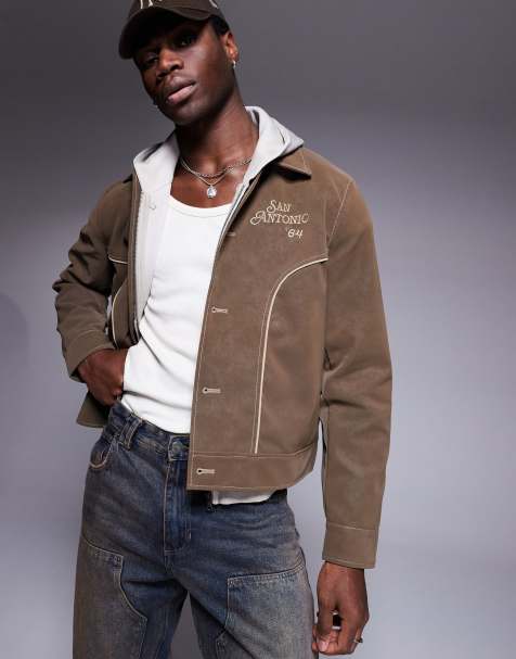 ASOS DESIGN – Brun, regular harrington-jacka med broderi i mockaimitation - view 1
