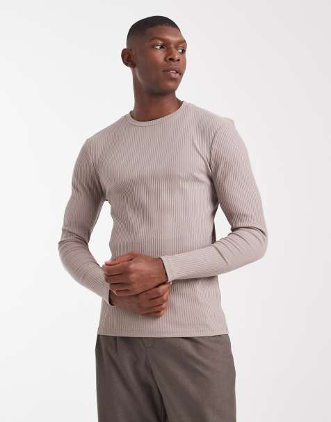 ASOS DESIGN – Brun, ribbad, extra kraftig t-shirt i muscle fit med långa ärmar - view 1