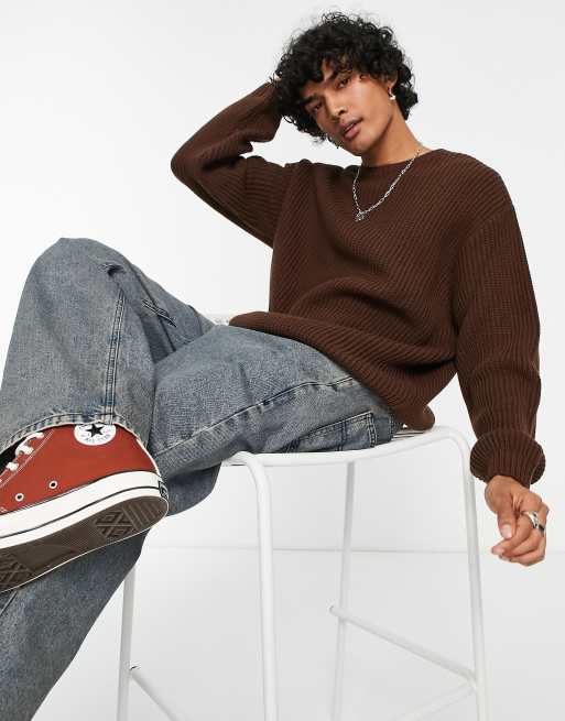 ASOS DESIGN – Brun, ribbad fiskartröja i oversize