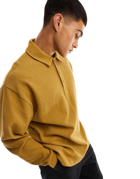 ASOS DESIGN – Brun, ribbad sweatshirt i oversize med pikékrage - view 1