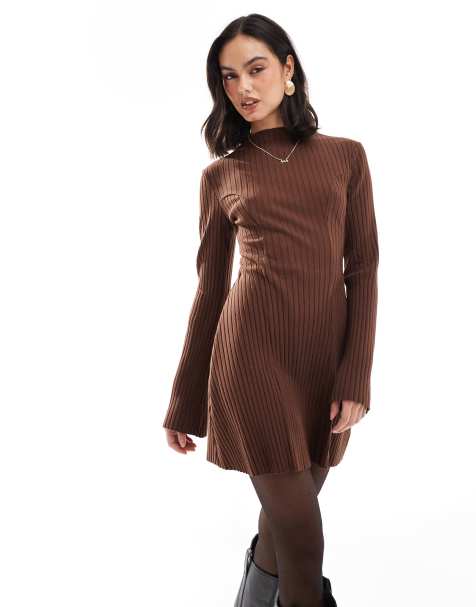 ASOS DESIGN – Brun, ribbad tröjklänning i minilängd med långa puffärmar - view 1