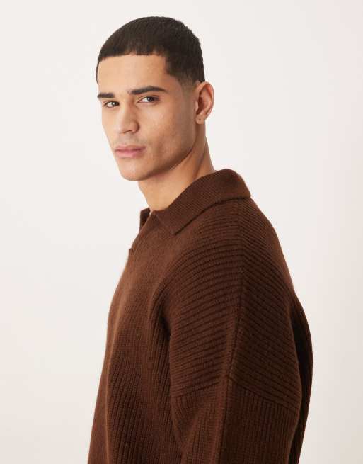 ASOS DESIGN – Brun, ribbstickad fiskartröja i extra oversize med boxig passform och sprund i halsen, 4 av 5