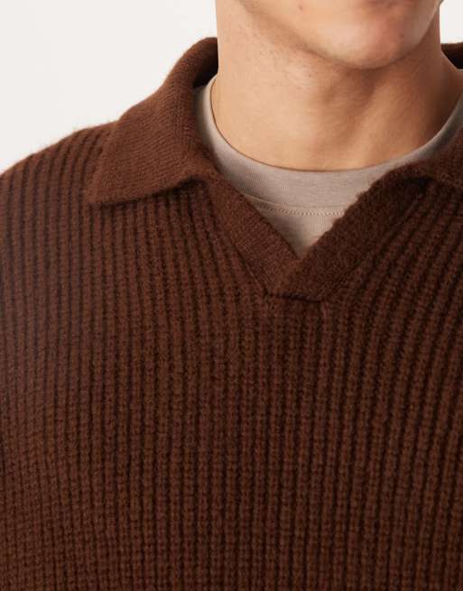 ASOS DESIGN – Brun, ribbstickad fiskartröja i extra oversize med boxig passform och sprund i halsen, 5 av 5